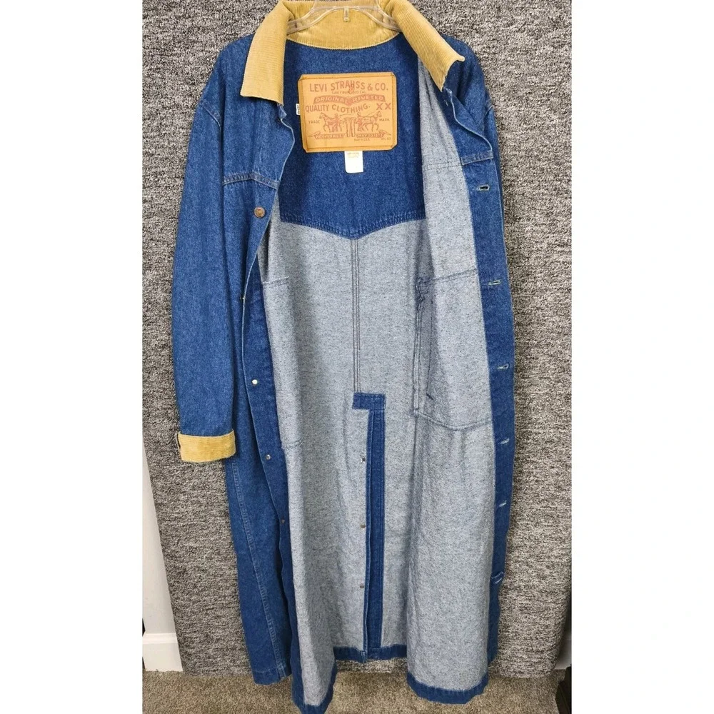Vintage Levis Denim Duster‎ Coat Mens Large Blue Corduroy Collar USA 75070